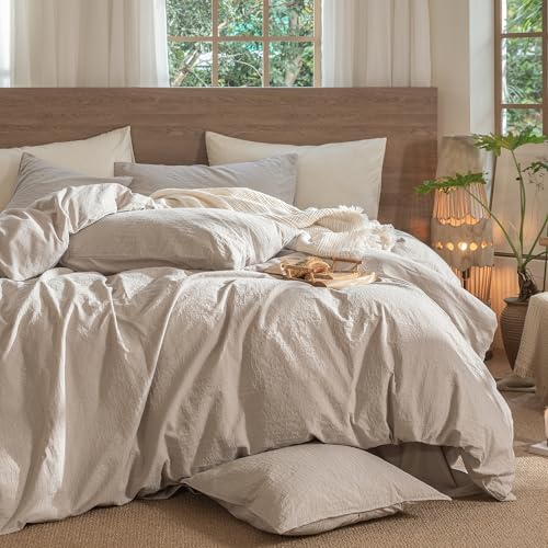 Image of MooMee Wavy Striped Duvet Cover Set 100% Washed Cotton Linen Like Textured Breathable Durable Soft Comfy (Beige, Palatial King /Oversized King 120 inchx98 inch)