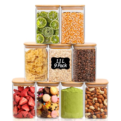 Image of ComSaf 1.1L Storage Jars with Lids Set of 9, Glass Food Storage Containers for Kitchen, Clear Square Glass Jar with Bamboo Lids, Pantry Organizers and Storage for Flour Oat Pasta Tea Coffee Bean