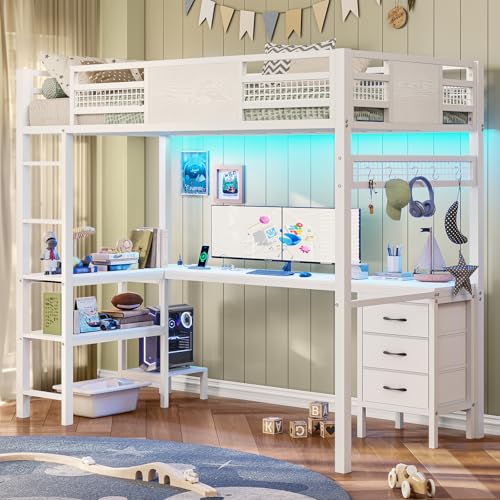 ADORNEVE Loft Bed Twin Size with L-Shaped Desk, LED Lights,Charging Station, Twin Metal Loft Bed Frame with Fabric Drawers & Shelve, 13.4