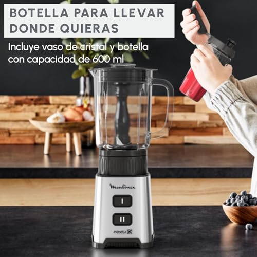 Moulinex Pulseo, Batidora de vaso individual de 400 W, batidora de 4 cuchillas de 700 ml y con recipiente portátil de 600 ml, 2 velocidades, para zumos y smoothies, acero inoxidable, LM17GD - imagen 3