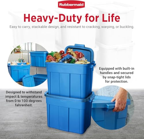 Image of Rubbermaid Roughneck Tote 18 Gal, 10 Pack, Made in USA, Heritage Blue, Rugged Plastic Stackable Storage Bins with Lids and Handles