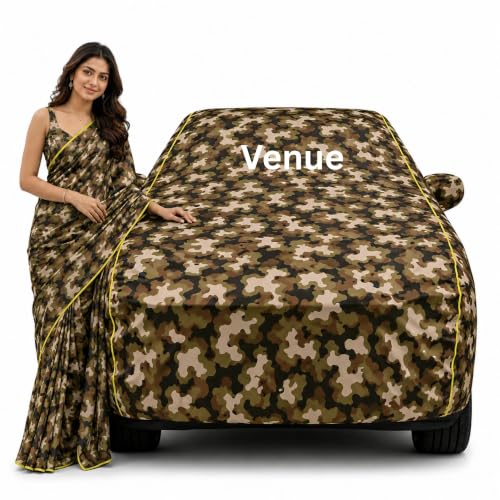 Image of 100% Waterproof Car Cover for Venue All Weather Protection with Mirror Pocket Inner Cotton Layer Triple Stitched Cover with Adjustable Belt Bottom Elastic to Secure Fit-Jungle