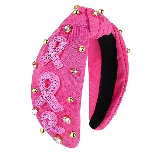 NVENF Breast Cancer Awareness Headband Crystal Pearl Knotted Headband for Women Pink Ribbon Headbands Jeweled Embellished Top Knot Hairband Breast Cancer Survivor Gifts (Pink Ribbon D)