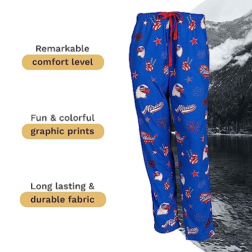 Wide Leg Men's Lounge Pants, Comfy Men's PJ Pants, Lightweight Jersey Fabric Pajama Pants with Fun Graphic Prints, Elastic Waistband, and Side Pockets (Merica Print, Navy, 3X-Large)3