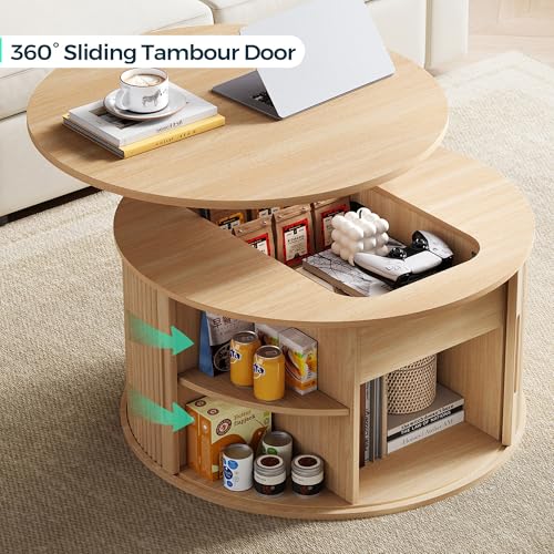 Image of LINSY Lift Top Coffee Table, Round Fluted Coffee Table with Storage, Boho Wooden Coffee Tables with Sliding Tambour Door, 31.5 inch Center Table for Living Room, Office, Small Space, Natural Oak
