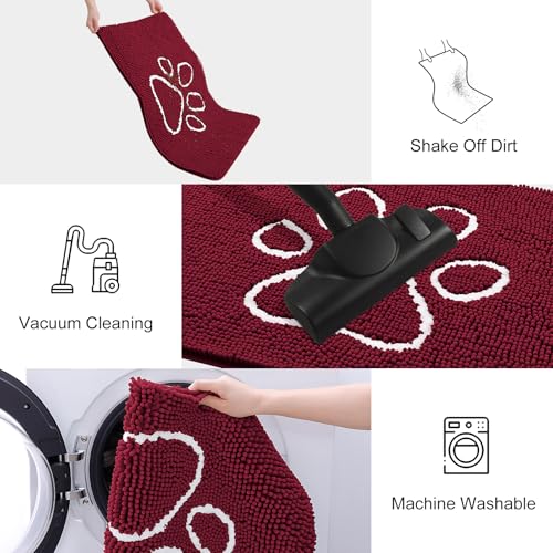Image of Smiry Dog Door Mat for Muddy Paws, Absorbent Dirt Trapper Non Slip Quick Dry Washable Chenille Mat for Mud Dogs, Entry Rug for Indoor and Outdoor (47x24 Inches, Burgundy and White)