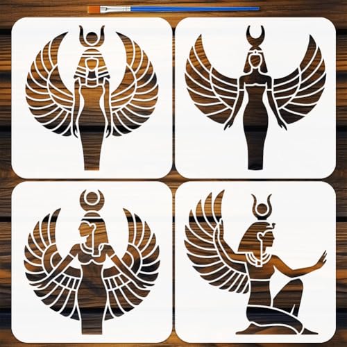 FINGERINSPIRE 4PCS Pochoir Déesse Égyptienne Avec 1Pc Pinceau 20x20cm Pochoir Peinture Déesse Égyptienne Modèle Symbole Égypte Modèle Thèmes Égypte...