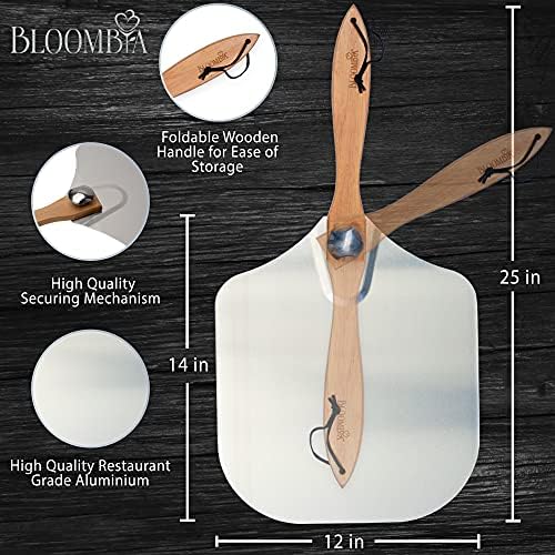 Bloombia Pizza Peel 12 inch - Premium Aluminium Pizza Paddle 12 inch with Steel Cutter - Easy-to-Store Peel with Extendable Foldable Wooden Handle - Metal Dough Shovel with Rocker - Baking Tool
