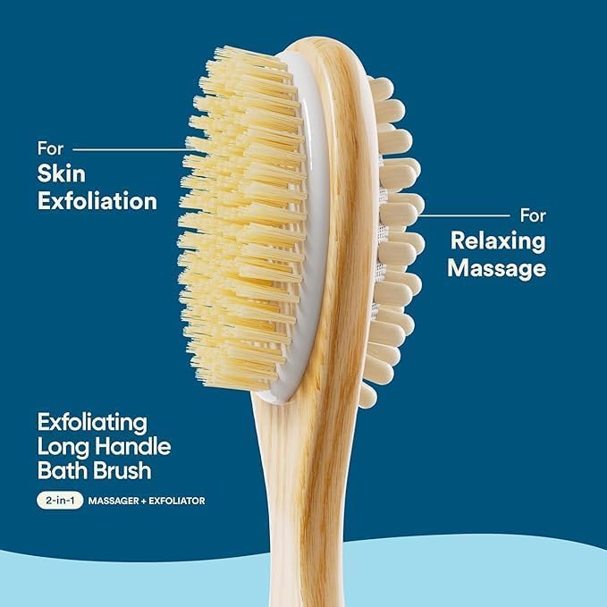 Image of KIMEE Wooden Bath Brush Combo with Long Handle Bath Brush and Handheld Round Body Brush | Natural Bristles and Massager Nodes Set for Shower Exfoliation, Cellulite Care and Dry Brushing