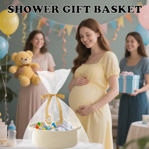 Image of Cream Woven Rope Basket,Baby Gift Basket with Bag & Ribbon