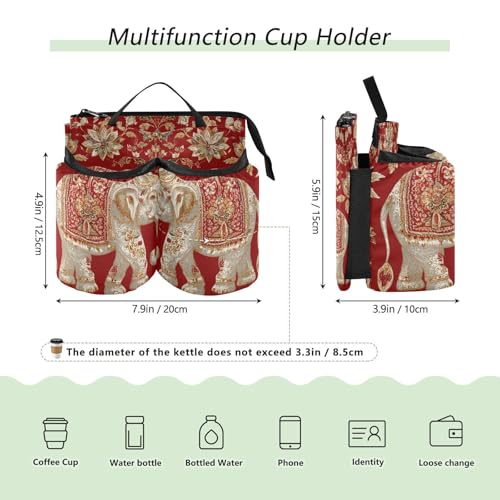 Image of Luggage Cup Holder for Suitcases Free Hands Suitcase Cup Holder Travel Luggage Drink Holder Portable Luggage Cup Caddy Bag Carrier with Handle Red Retro Elephant Flowers