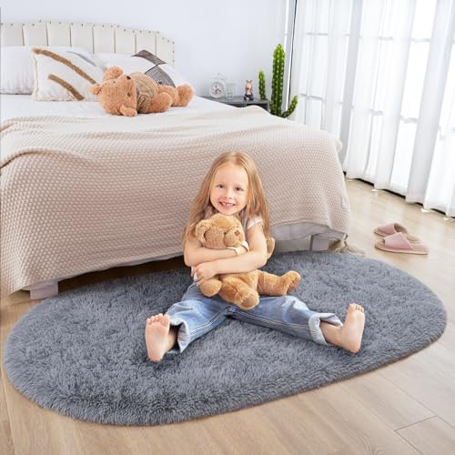 Merelax Soft Shaggy Rug for Kids Bedroom, Oval 2.6 x5.3 ft Grey Plush Fluffy Carpets for Living Room, Furry Carpet for Teen Girls Room, Anti-Skid Fuzzy Comfy Rug for Nursery Decor Cute Baby Play Mat