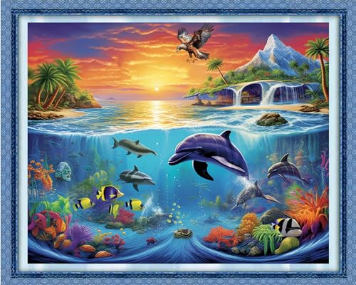 Image of Dimxvean Stamped Cross Stitch Kits,Cross Stitch Kits for Adults Beginners,Embroidery Kits Full Range of Cross Stitch Stamped Kits Needlepoint Kits Cross Stitch Patterns-Ocean World 16x20 inch