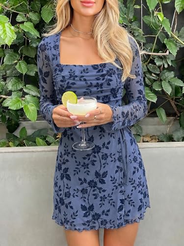 Image of Caracilia Womens Sexy Mesh Ruched Mini Dresses Long Sleeve Square Neck Tie Fall Club Party Cocktail Short Dress 2026 Fashion