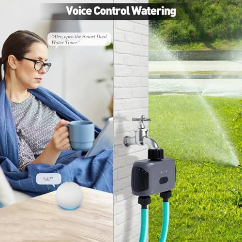 Timer per acqua, timer per irrigazione WiFi a doppia porta, timer automatico intelligente con controllo app, ritardo pioggia e visualizzazione del livello della batteria