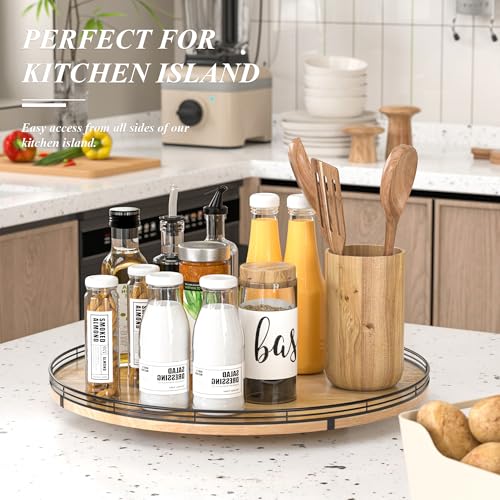 Image of 21 inch Lazy Susan Oak Wood Turntable Organizer for Cabinet, Farmhouse Round Wooden Large Lazy Susan Organization and Storage for Dining Table, Pantry, Kitchen, Countertop, Cupboard, Home Decor