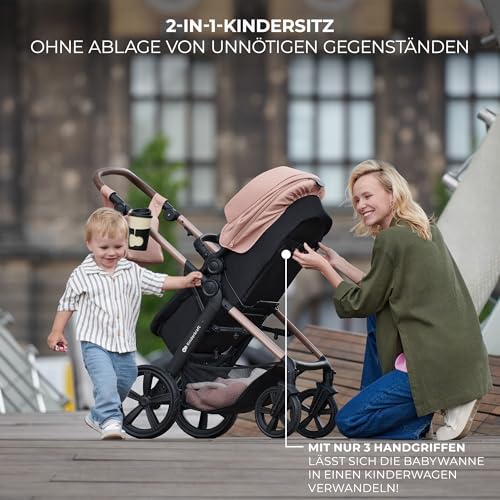 Kinderkraft MOOV2 AIR Kinderwagen 3 in 1 Kinderwagenset bis 22 kg mit Kindersitz I-SIZE 40-75 cm, Buggy Funktion, Liegeposition verstellbar, Große ausziehbare Verdeck, Aufblasbare Räder, Grau