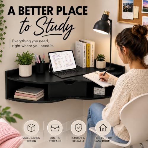 Image of Basicwise Wall Mounted Folding Desk with Drawer & Shelves - Fold Down Table