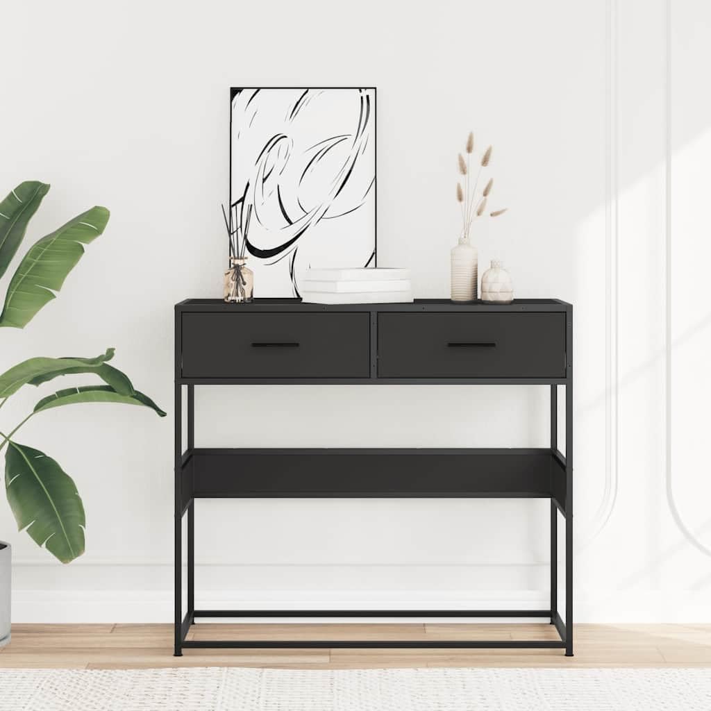 Stolik konsolowy, czarny, materiał drewnopochodny, 90 x 35 x 80 cm, z metalowym stelażem, schowkiem, szufladą i półką, stolik pomocniczy do salonu, sypialni, korytarza, stabilny i łatwy w