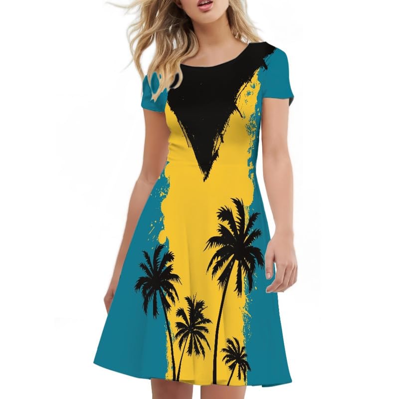 Image of Irisjudy T Shirt Dress for Women Short Sleeve Girls Short Sleeve Dress Plus Size, O Neck Knee Length Midi Dress for Ladies
