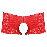 Doomiva Herren Ouver String Tanga Männer Sissy Spitze Transparent Slip Offener Schritt Boxershorts Hot Pants Erotik Unterwäsche Unterhose Rot XXL