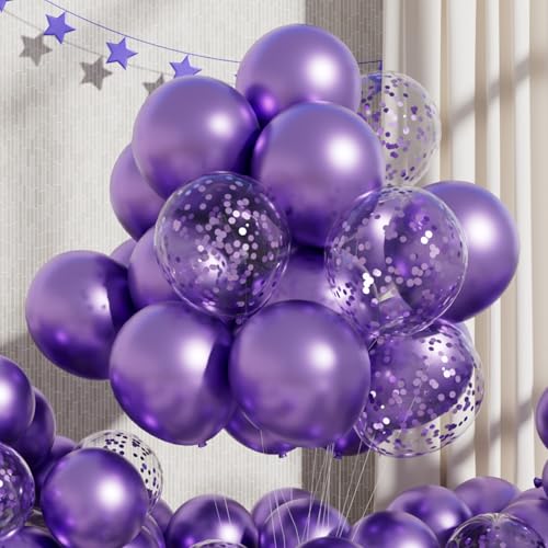 Image of RainbowQ Metallic Purple Confetti Balloons: 55Pcs 12 inch Chrome Purple Party Shiny Balloon Helium Latex Balloons for Birthday Anniversary Wedding Decoration