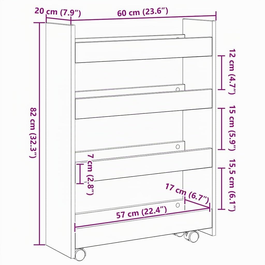 vidaXL Carrello di Stoccaggio Stretto Rovere Nero 60 x 20 x 82 cm, Carrello da Cucina Moderno, in Legno ingegnerizzato, Rettangolare, Mobile, Compatto e Perfetto per spazi ristretti