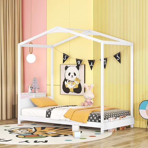 Bellemave Twin House Beds Wood Toddler House Bed Frame Montessori Style Platform Bed with Headboard & Footboard for Kids Boys Girls Teens, White