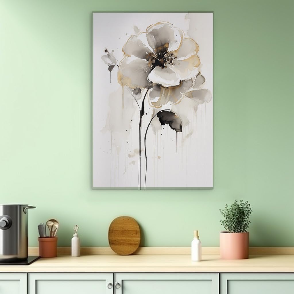 Canvas for Living room. Elegance in Contrast Monochromatic Florals with a Touch of Gold, 27 x 18 inch Canvas Wall Art - Ready to Hang