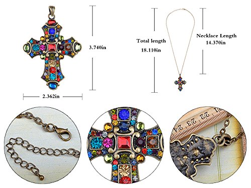 Image of Alilang Ornate Antique Golden Tone Colorful Rhinestone Cross Pendant Necklace