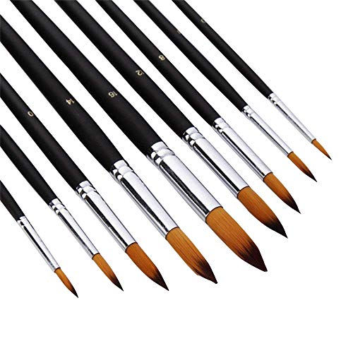 AOOK 9 Pieces Artist Paint Brushes Superior Hair Artists Flat Round Point Tip Paint Brush Set for Watercolor Acrylic Oil Painting Supplies (9 Round Point)