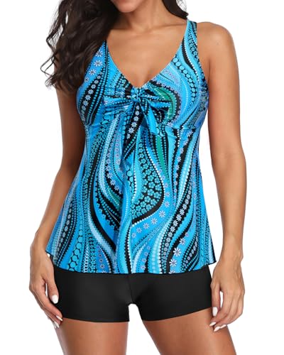 Image of Yonique Women 2 Piece Flowy Tankini Swimsuits with Boyshorts V Neck Swim Tank Tops Bathing Suits Modest Swimwear