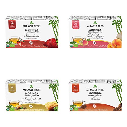 Miracle Tree - Organic Moringa Superfood Tea, 4 Pack Bundle, 4X25 Individually Sealed Tea Bags (Strawberry, Peach & Ginger, Honey & Vanilla, Rooibos) #TOP19