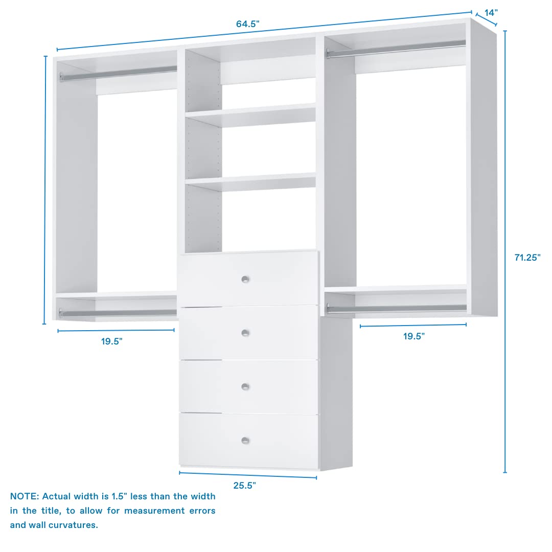 Closet Kit with Hanging Rods, Shelves & Drawers - Corner Closet System - Closet Shelves - Closet Organizers and Storage Shelves (White, 66 inches Wide) Closet Shelving