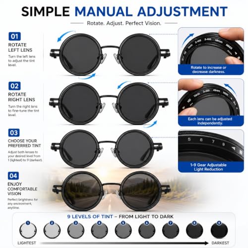 Image of Adjustable Tint Polarized Round Sunglass with Stepless Adjustable Sunglasses for Men,1-9 Gears Beach Sunglasses - Eyewear with Adjustable Lens.