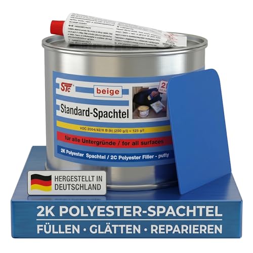 STC 2K kfz Spachtelmasse Auto 3 kg Dose Standard Spachtel beige Karosserie Polyester Füllspachtel Dose inkl. Härter + Spachtelblatt ca. 11,5 x 8 cm