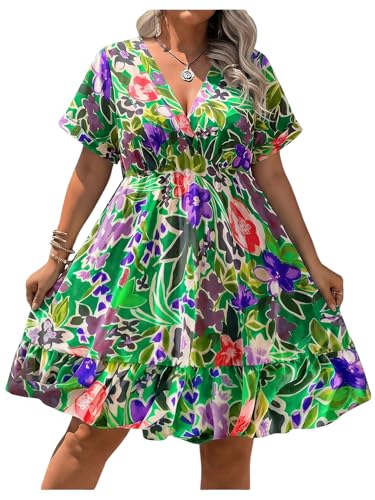 Image of Floerns Women's Plus Size Summer Vacation Wrap V Neck Short Sleeve Ruffle Hem A Line Hawaiian Short Dress
