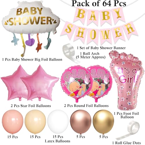 Image of Rozi Decoration Baby Shower Party Decoration Kit with Foil Balloons, Banner, Latex Balloons, Arch Tape, Girl Theme Backdrop Set Pack of 64
