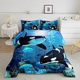 Teal Ocean Whale Comforter Set Jellyfish Killer Whale Bedding Sets The Underwater World Down Comforter Orcinus Orcas Deep Sea Animals Marine Life Quilt Set with 1 Comforter and 2 Pillow Cases Queen