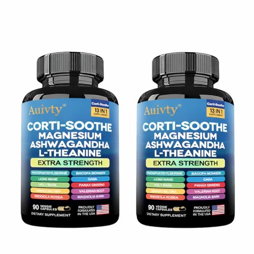 Auivty Cortisol Manager & Adrenal Support - Cortisol Reducer for Stress Relief Calm & Sleep - 13-in-1 Adaptogen with Ashwagandha & Magnesium - 180 Capsules (2-Pack)