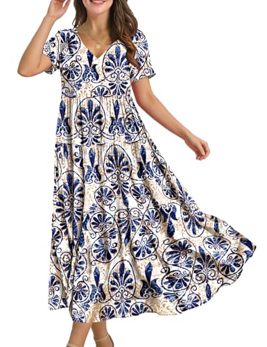 Image of YESNO Women's Summer Maxi Dresses Casual Floral Short Sleeve V Neck Boho Beach Vacation Swing Dress with Pockets EVF