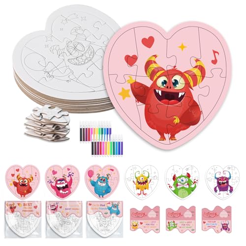 Fennoral 24 Pack Valentines Day Gifts for Kids Classroom Color Your Own Heart Monster Jigsaw Puzzles with Card DIY Coloring Valentines Day Craft Kit Art Activities Valentines Party Favor Supplies
