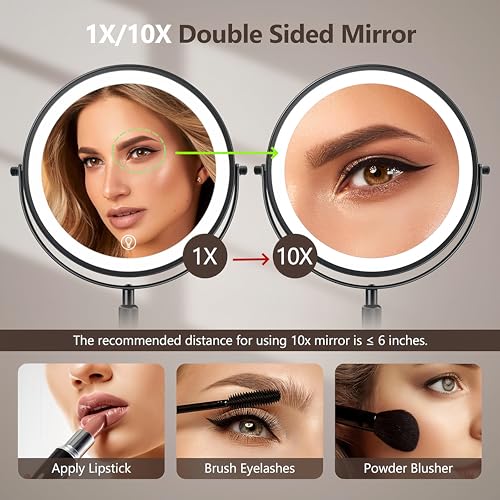 مرآة مكياج مضاءة قابلة لإعادة الشحن بسعة 2500 ميلي امبير في الساعة مقاس 21.8 سم مرآة LED للتزيين مع 3 ألوان ومرآة مضاءة قابلة للتعديل السطوع، مرآة مكبرة 1 ضعف/10 أضعاف من ون سيركل (اس ايه أسود)