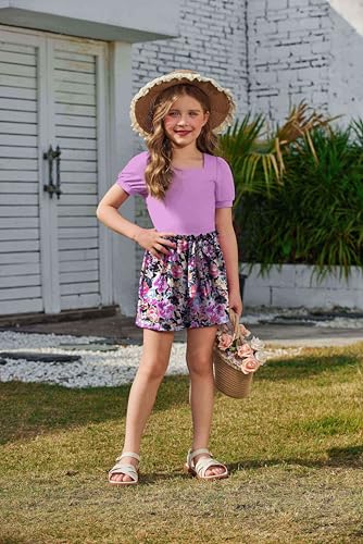 Image of Arshiner Toddler Girls 3 Piece Outfit Set Puff Sleeve Square Neck Top with Shorts and Matching Headband Summer Clothes 2T-8Y