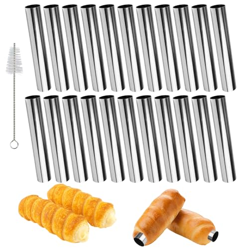 22 Stk Cannoli Backform 11 8x2cm Edelstahl Cannoli Röhrchen Schaumrollenform mit Reinigungsbürst Antihaft Schaumrollenformen Klein Gerade Röhrchen Spritztüllen Schaumrollen für Croissant Hörnchen
