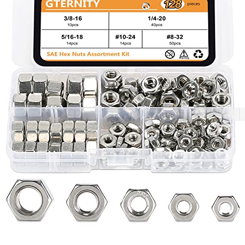 128PCS SAE Hex Nuts Kit, GTERNITY 3/8-16 1/4-20 5/16-18#10-24#8-32 UNC Hex Nuts Assortment, 304 Stainless Steel