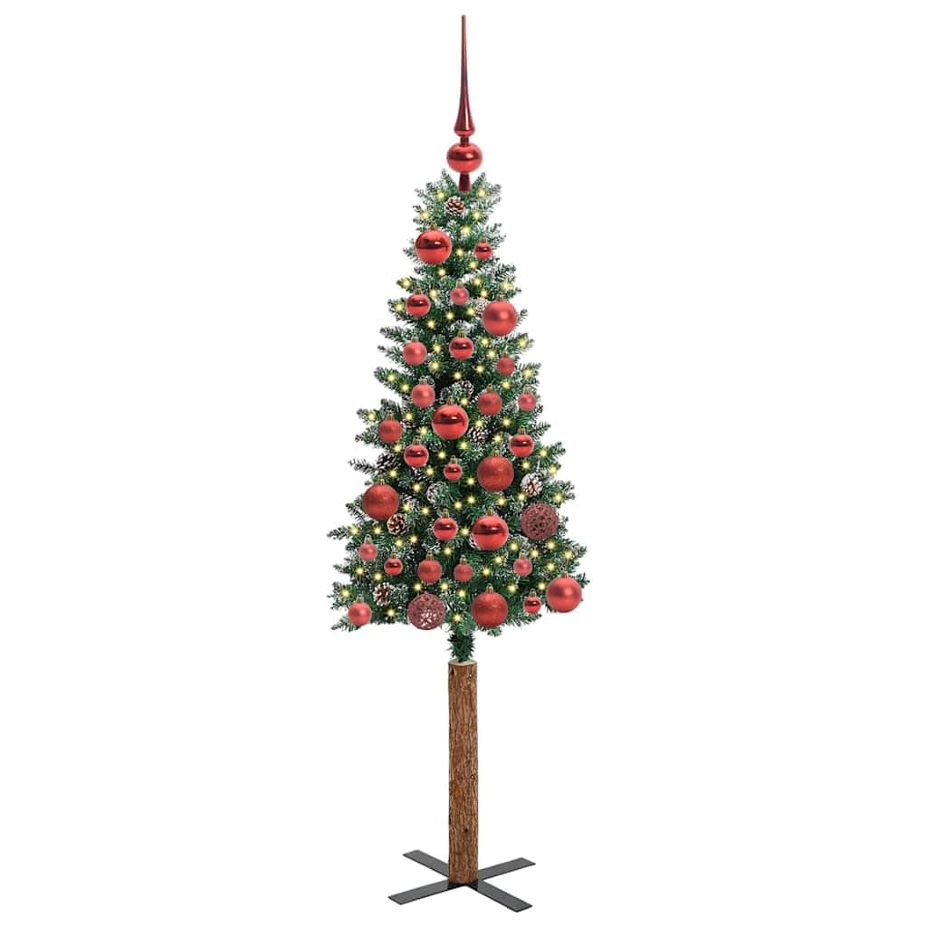 Albero di Natale Artificiale Sottile in PVC e Legno di Pino con 150 LED, Design Salvaspazio con Effetto Neve, Albero di Natale con Luci Incorporate, Christmas Tree, Verde e Bianco, 150 cm