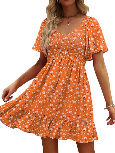 Image of UEAL Womens Cute Floral Smocked V Neck Flutter Sleeve Sundress with Pockets Casual Spring Summer Dresses for Women 2026