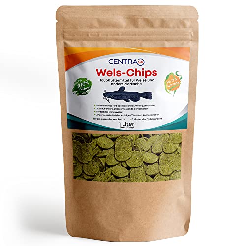 Centra24 Wels-Chips 1 Liter, Formstabile Wafer mit hohem Spirulina Anteil+Vitaminen, Futtertabletten, Welsfutter, Fischfutter, für L-Welse, Zierfische, wiederverschließbar.
