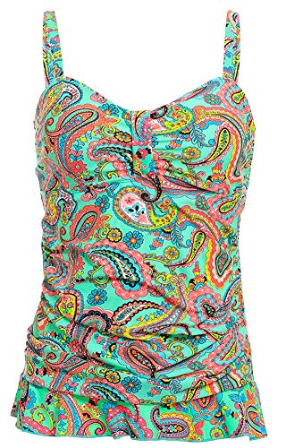 Image of Women's 50's Retro Ruched Tankini Swimsuit Top with Ruffle Hem Tummy Control